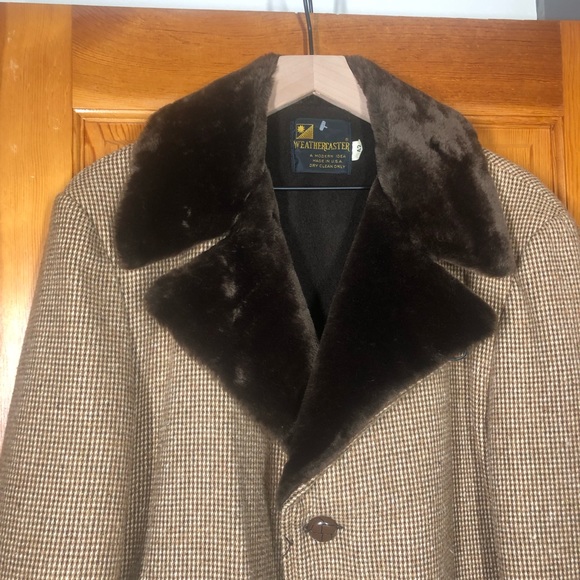VINTAGE WEATHERCASTER Brown & Tan Houndstooth Fur Collar Blazer Coat Jacket 42 - Picture 3 of 11